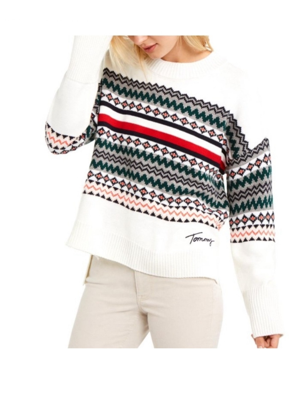 Tommy Hilfiger White Fair Isle Crew Sweater with Red and Green Stripe
